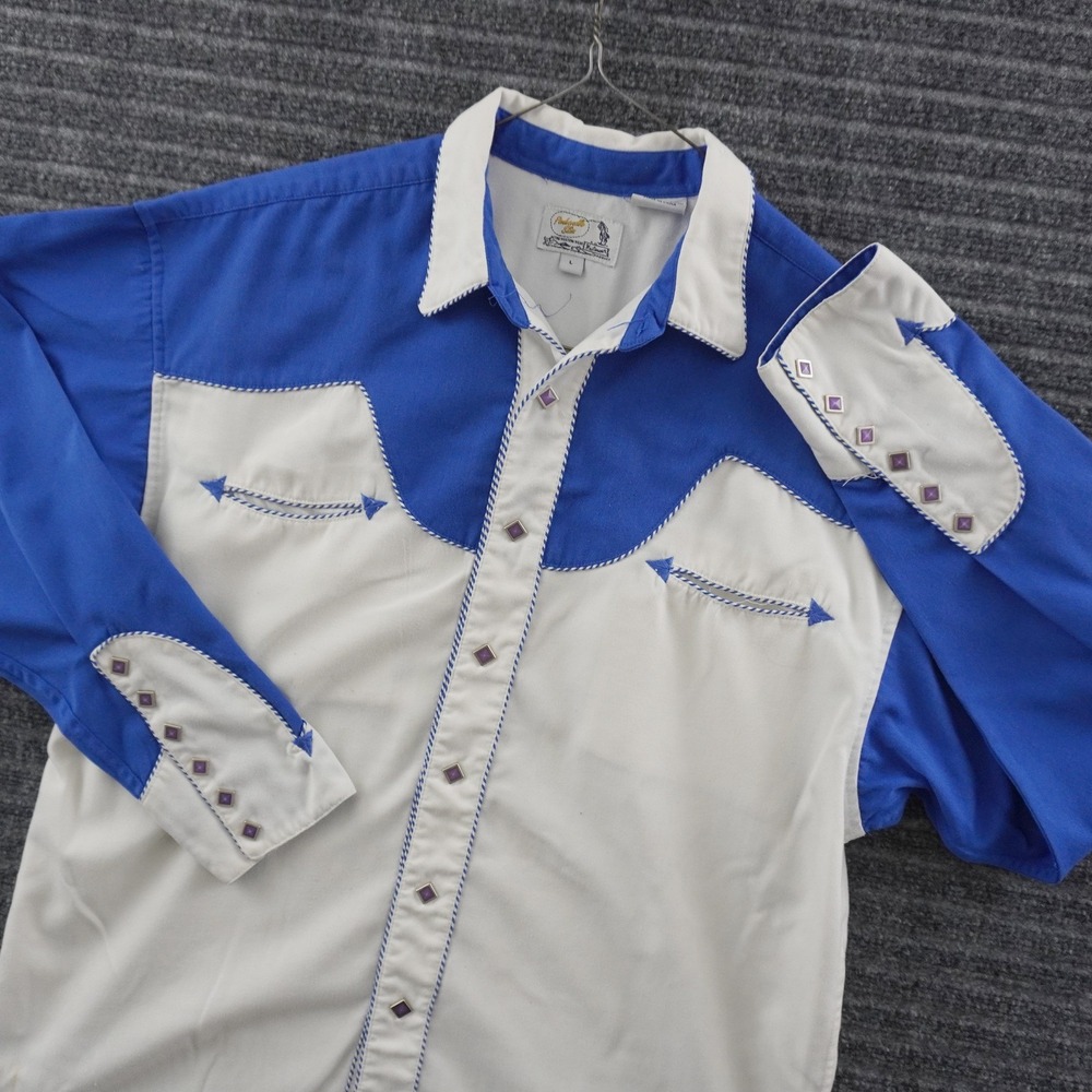 Panhandle Slim Western Shirt L Smile Pockets Blue White Rayon Snap Colorblock